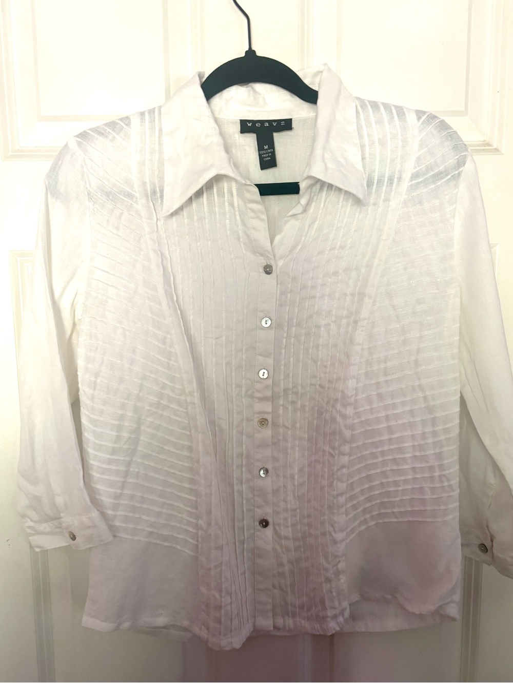 Weavz White 100% Linen Pleated Pintuck Button Down Top Size M Runs Small